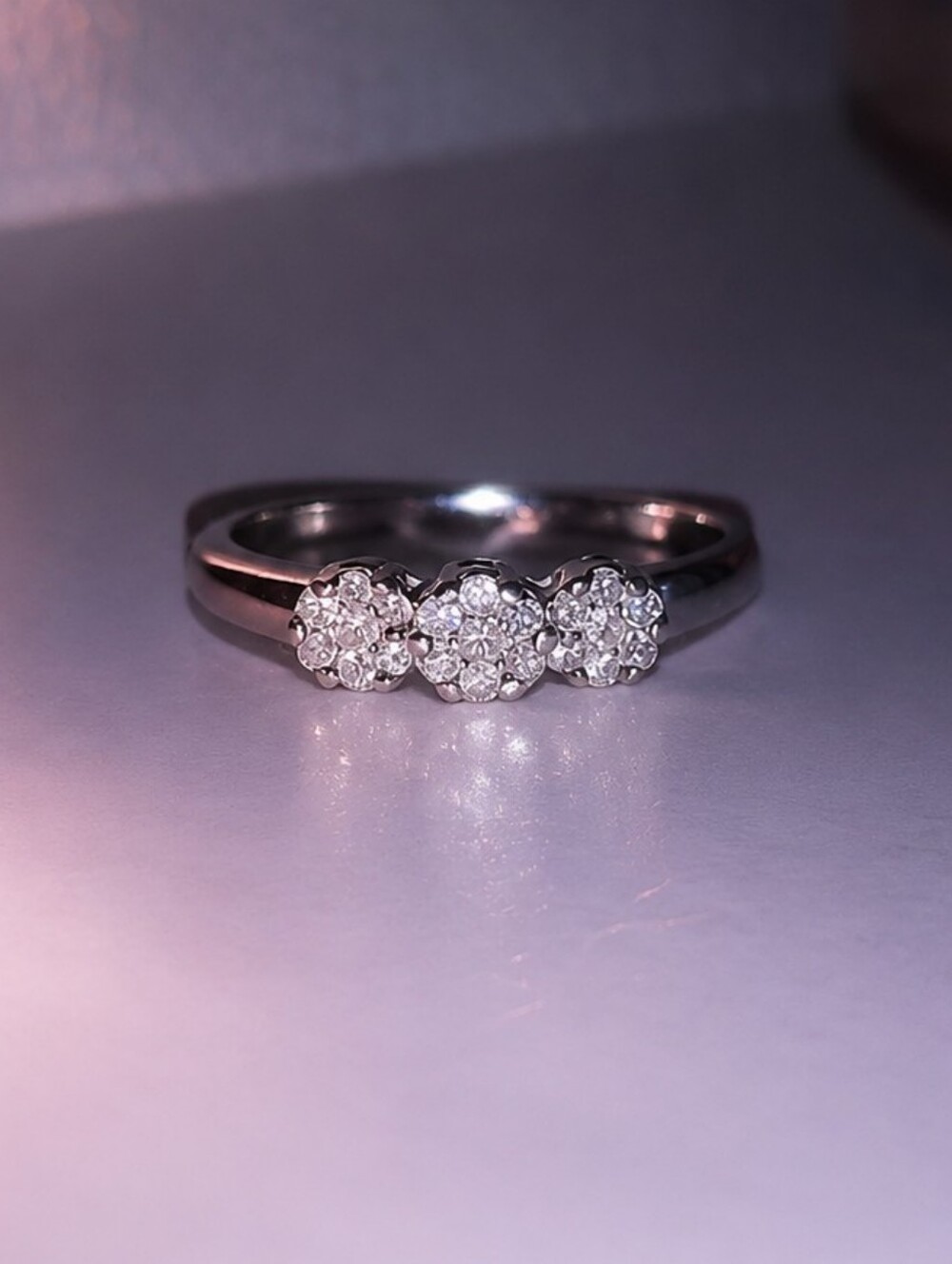 Three Flower Cluster White Gold Diamond Ring - White 10k